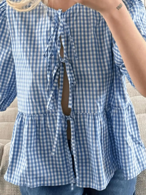 'Adalet' Linen Look Tie Front Smock Blouse - Celes Fashion
